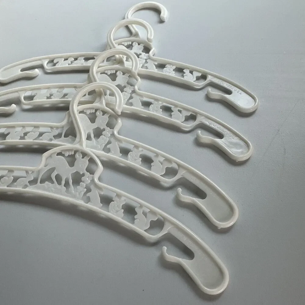 4 Vintage Baby World USA Plastic Kids Hangers - White, Bambi & Forest Friends
